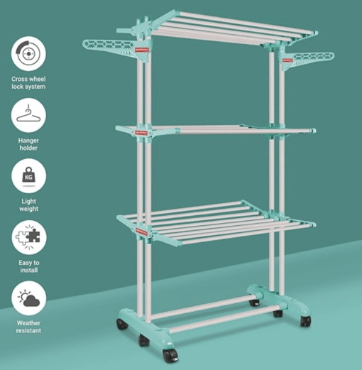 Spotzero By Milton 3 Layers Cloth Drying Stand, Aqua Green | Cloth Dryer | Floor | Balcony | Hanger | Foldable - Image 2